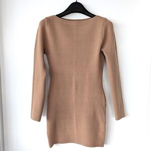 Elegant Tan Beige Light Brown Knit Dress Long Sleeves